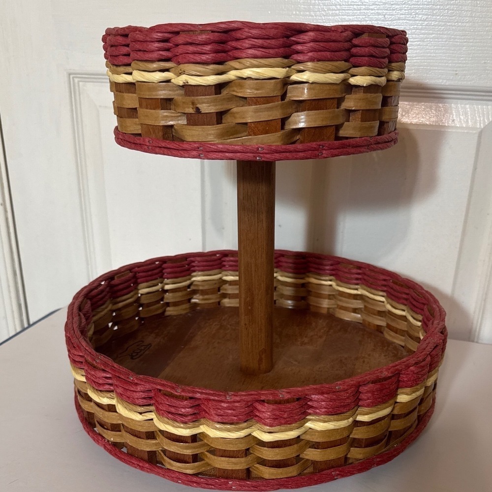 Foxcreek Basket Co Handmade 2 Tier Woven Wood Stand Lazy Susan 2014 USA